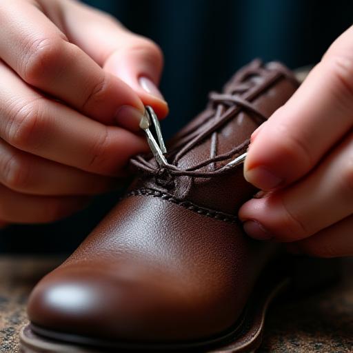 職人の手が靴のステッチを縫っているクローズアップ